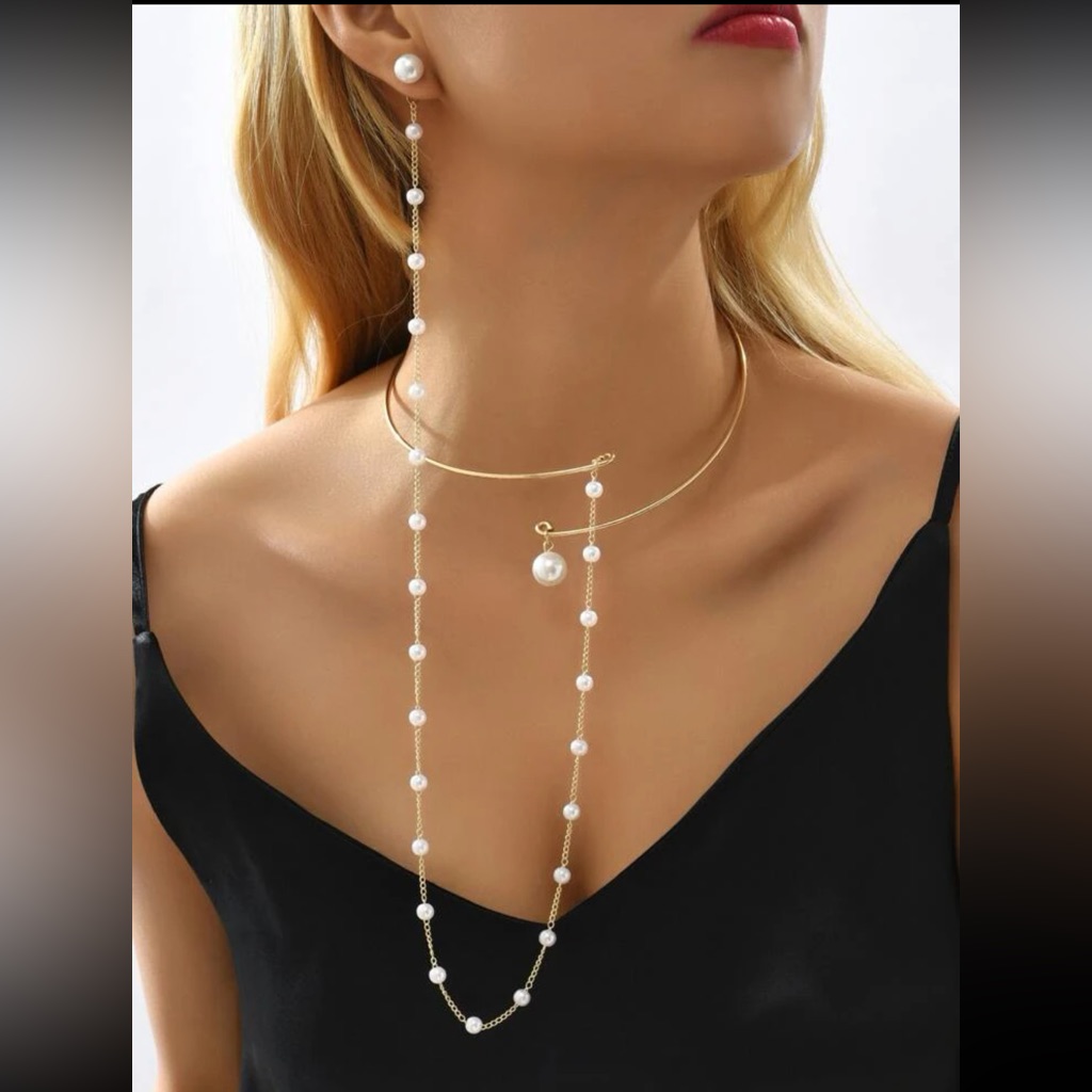Lovely Faux Pearl Stud Chain Tassel Open Cuff Necklace 65$
